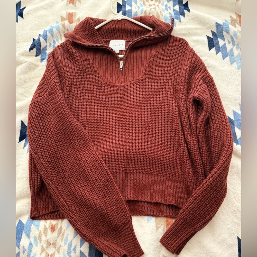 Pink Rose Brick Red Cowl Neck Sweater